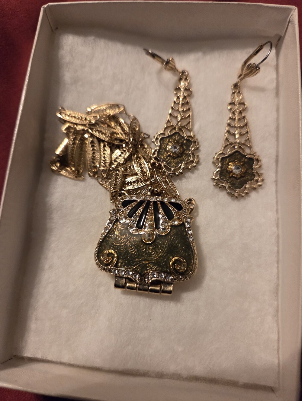 1928 Gold-Tone Green Enamel Locket Necklace And Earrings with Rhinestone Accents